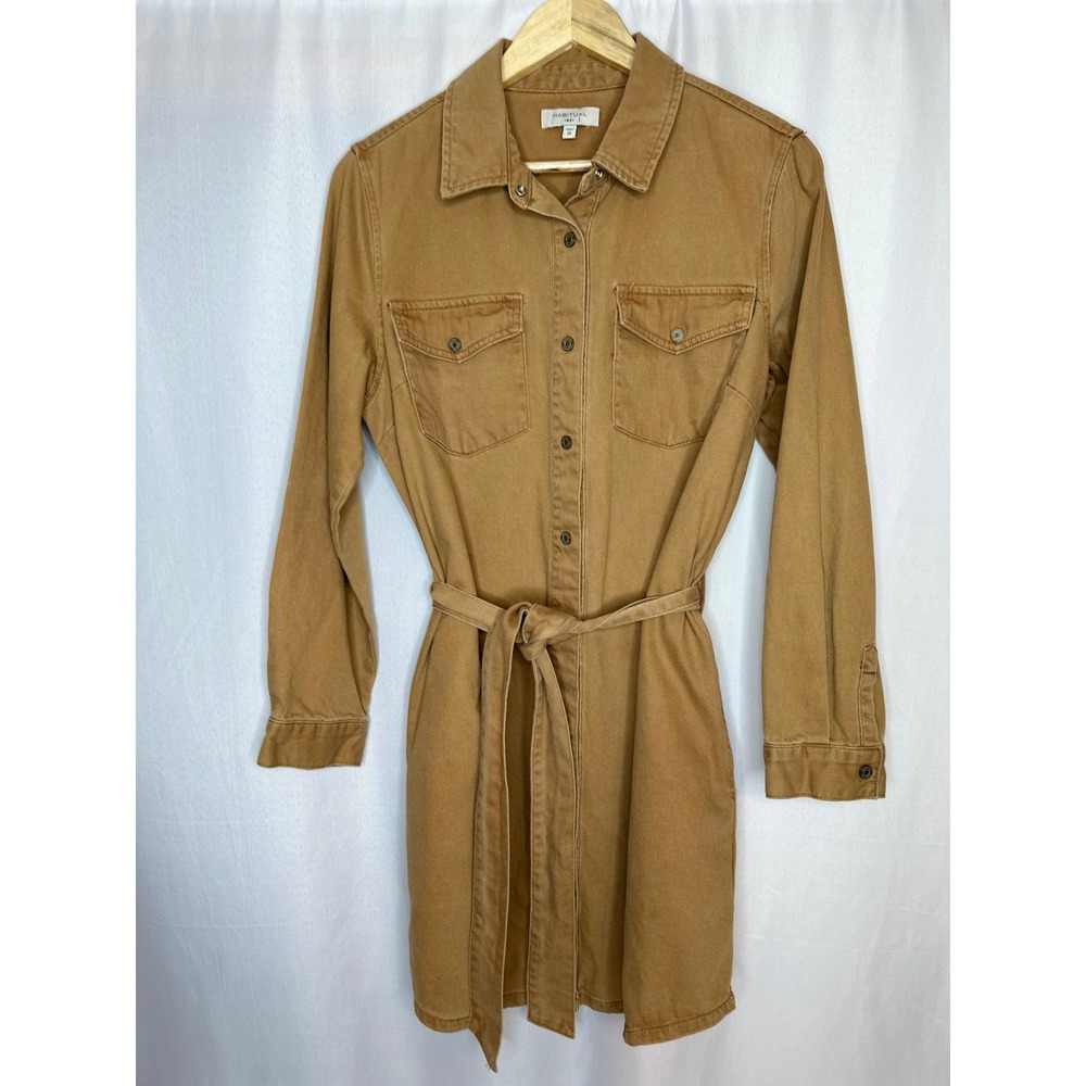 Habitual Tan Denim Shirt Dress, MEDIUM Boho Western Earthy Utility Cowgirl